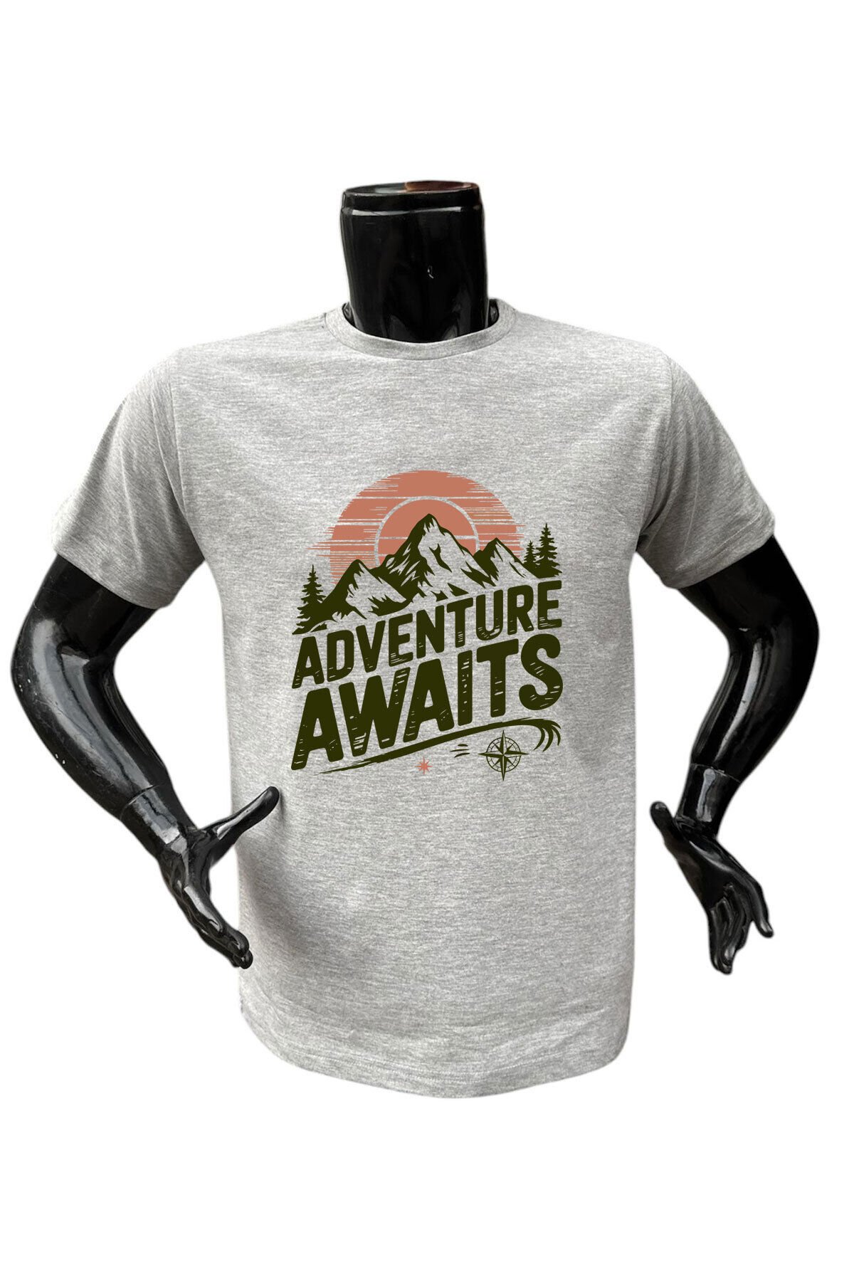 Adventure Awaits Kamp Outdoor Dağ Baskılı %100 Pamuk Regular Fit Bisiklet Yaka Gri T-shirt Gri - M