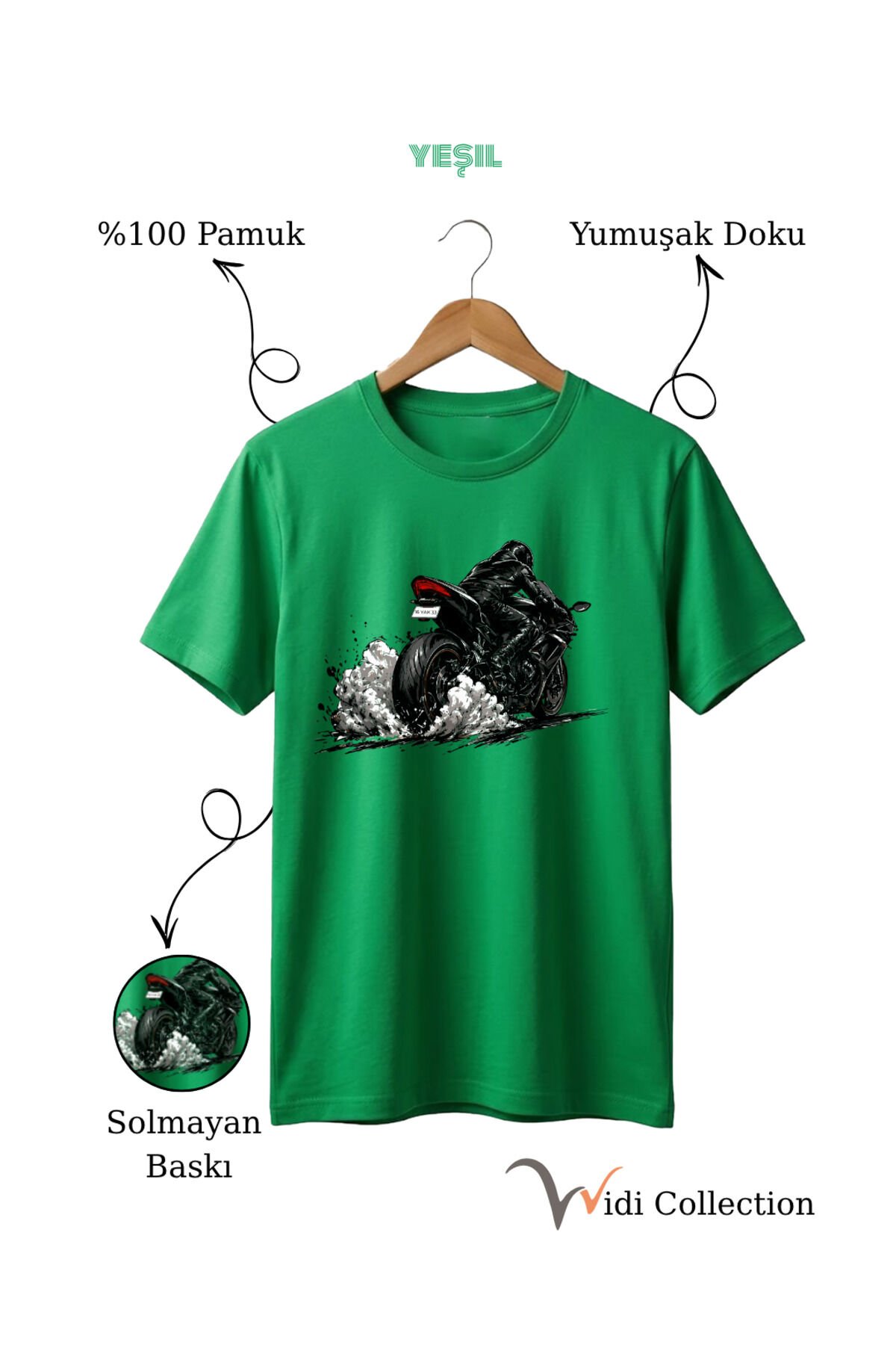 Motor Lastik Duman Efektli %100 Pamuk Regular Fit Unisex T-Shirt Yeşil - 3XL