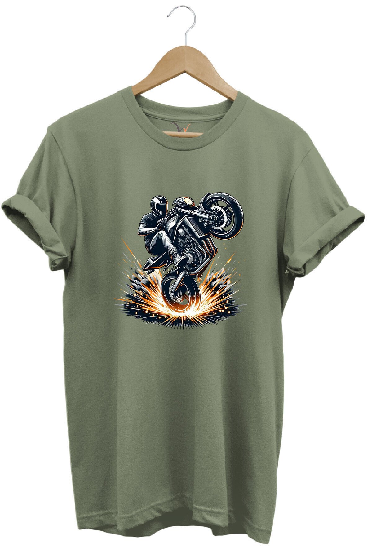 Racing Motosiklet Baskılı Ön Kaldıran Motorcu %100 Pamuk Regular Fit Unisex T-Shirt Haki - L