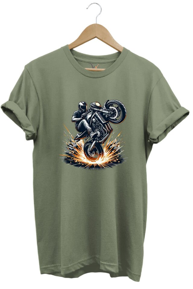 Racing Motosiklet Baskılı Ön Kaldıran Motorcu %100 Pamuk Regular Fit Unisex T-Shirt Haki - L
