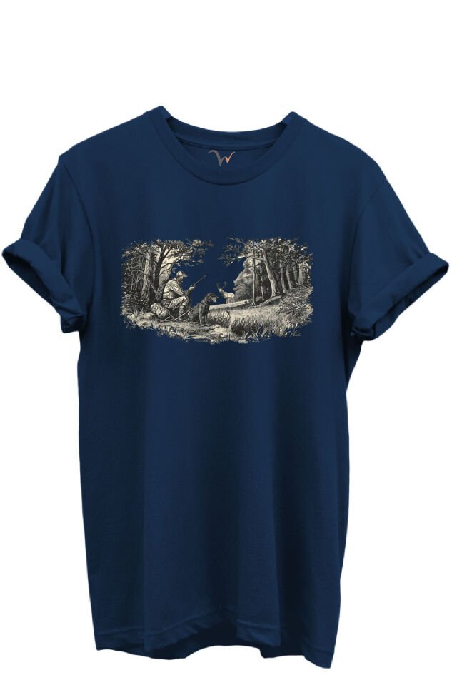 Doğa ve Avcılık Konseptli Orman Sahnesi Baskılı %100 Pamuk Regular Fit Bisiklet Yaka Unisex T-shirt Lacivert - XL