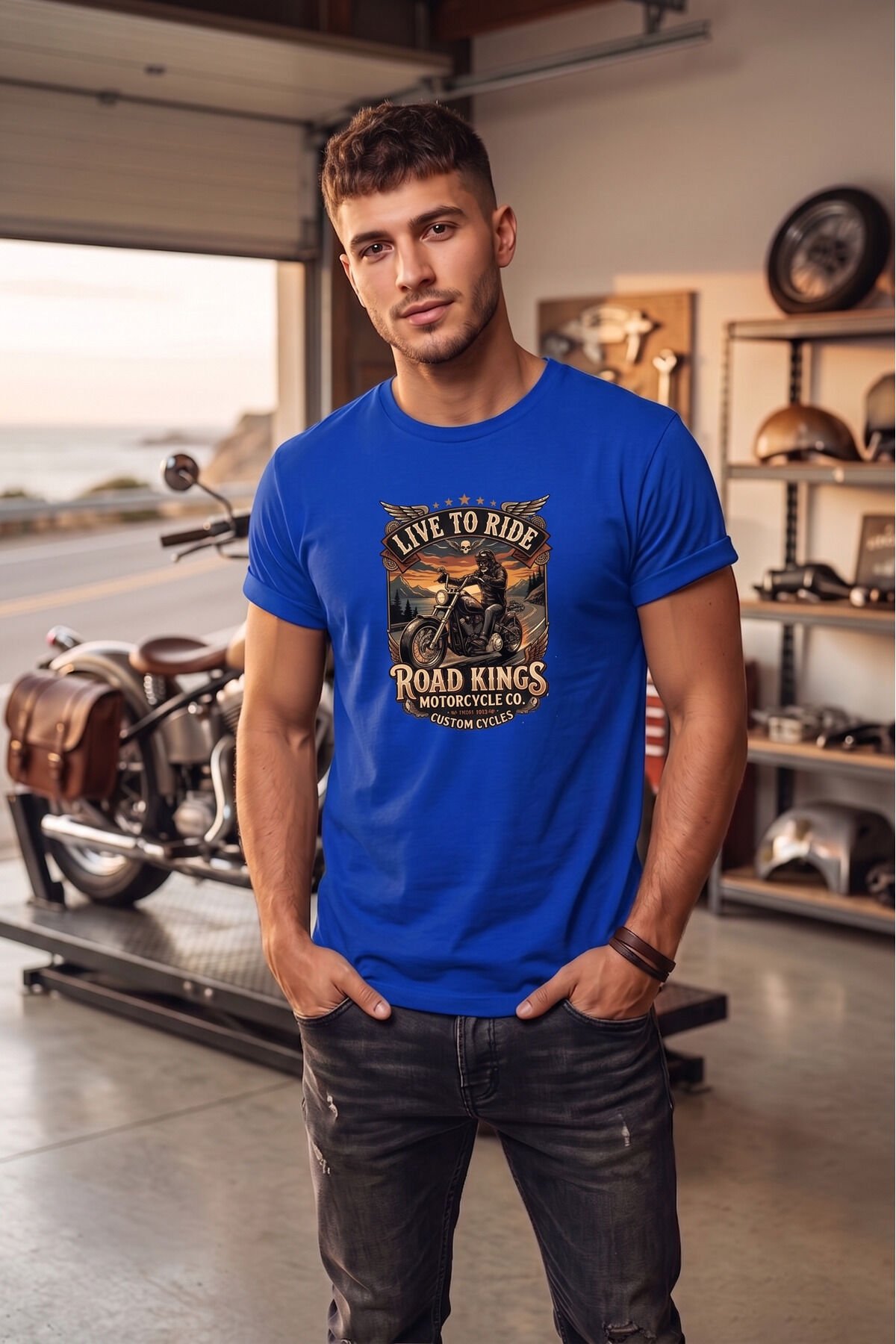 Unisex Vintage Road Kings Motosiklet Baskılı Özel Tasarım %100 Pamuklu Bisiklet Yaka Tişört T-shirt Saks Mavi - 2XL