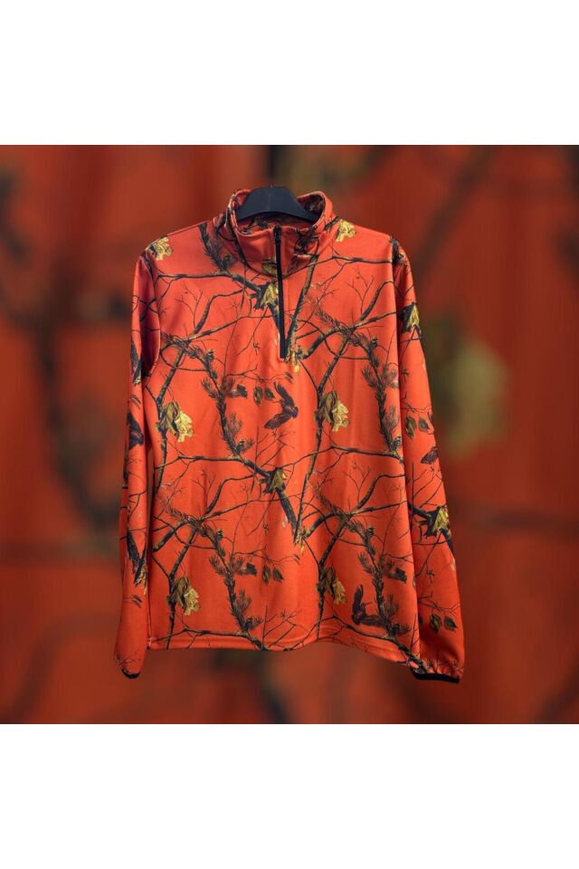 AVCILIK Turuncu Orman Desen Çulluk Baskılı Yarı Fermuar Domuz Avcısı Kol Uçları Lastikli Sweatshirt