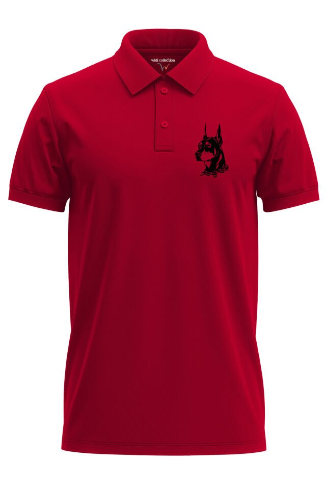 Doberman Köpek Baskılı Şık %100 Pamuk Regular Fit Polo Yaka Haki T-shirt Kırmızı - L