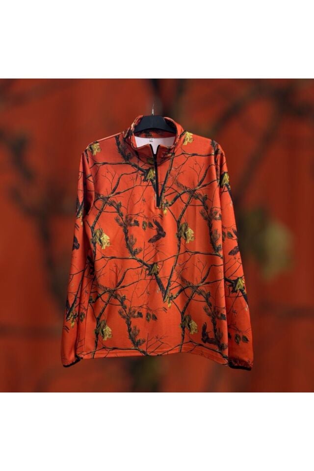 AVCILIK Turuncu Orman Desen Çulluk Baskılı Yarı Fermuar Domuz Avcısı Kol Uçları Lastikli Sweatshirt
