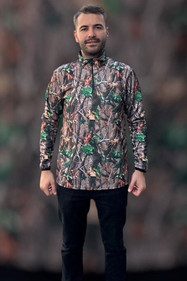 AVCILIK Hunting Orman Desen Baskılı Yarı Fermuar Dik Yaka Kol Uçları Lastikli Sweatshirt