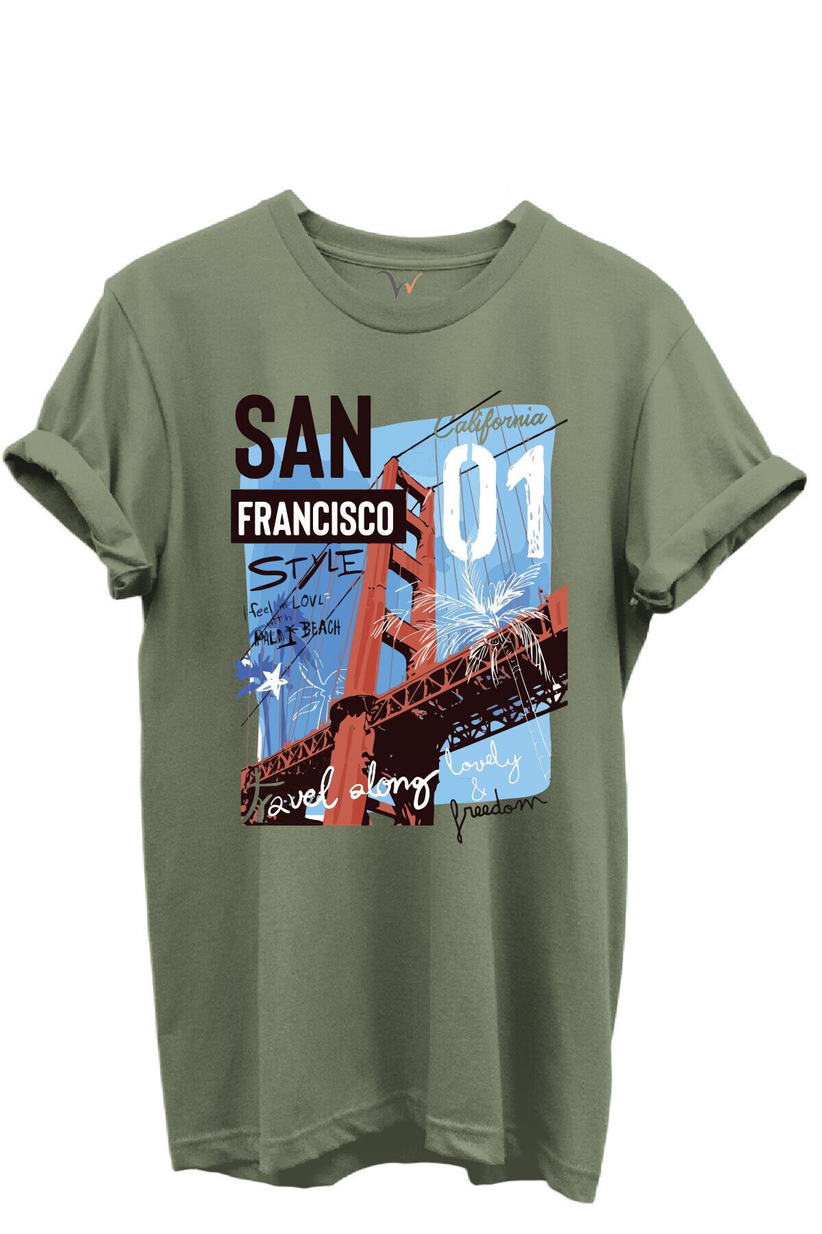 San Francisco California Yazılı Golden Gate Köprüsü Baskılı %100 Pamuk Regular Fit Unisex T-Shirt Haki - S