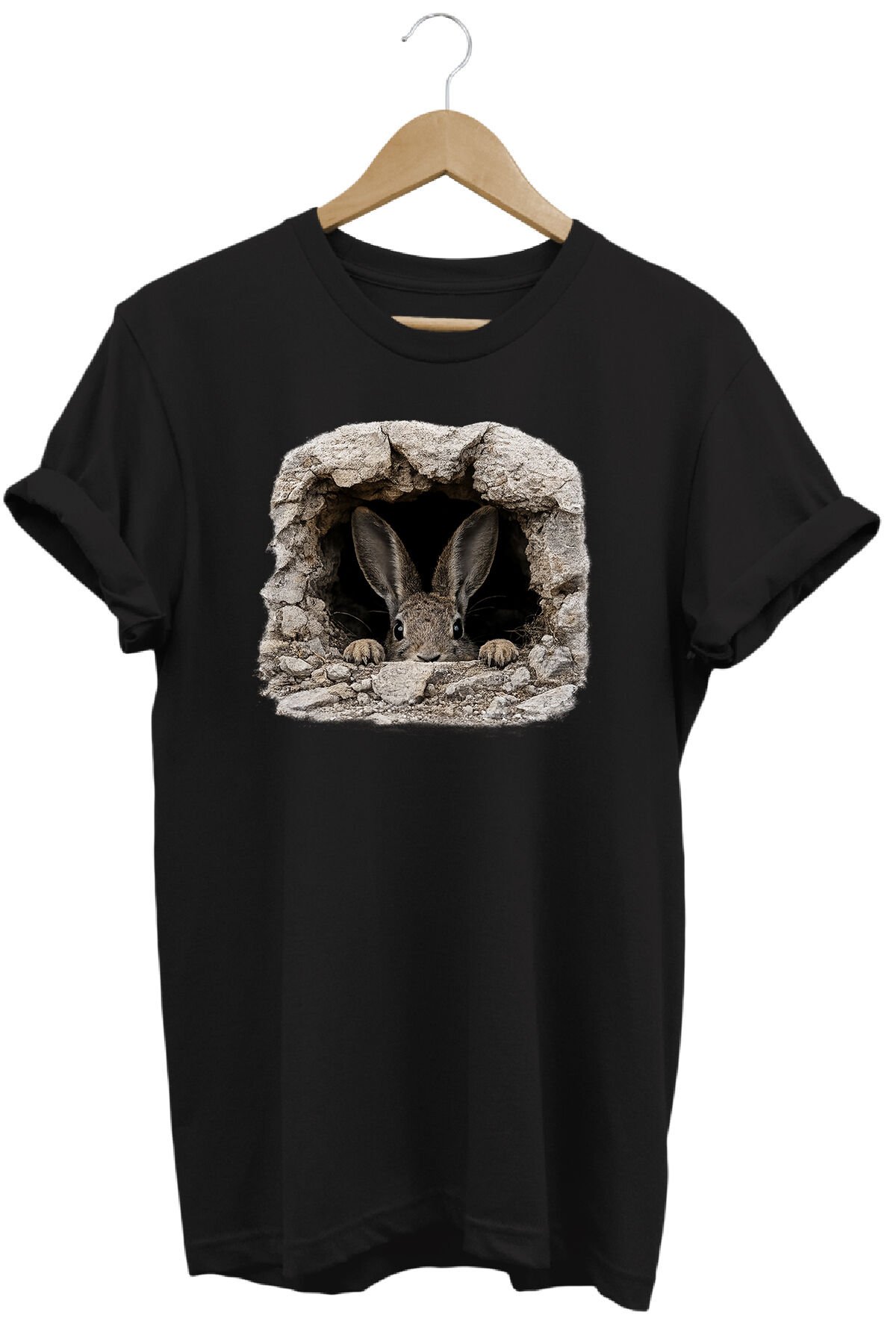 Yabani Tavşan Baskılı Arazi ve Doğa Tişörtü Outdoor Giyim Siyah - XL