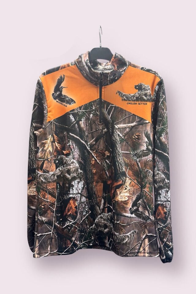 AVCILIK Orman Desen Çulluk English Setter Baskılı Turuncu Detaylı Yarı Fermuar Kışlık Sweatshirt