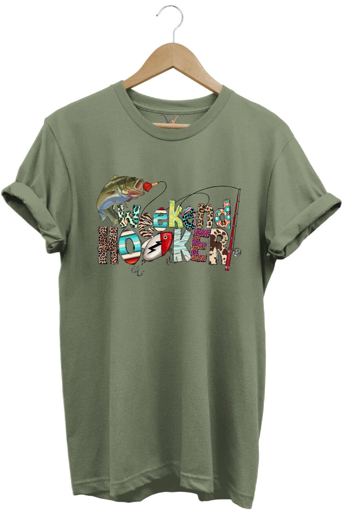 Balıkçılık Wekeend Hooker Yazı Baskılı Balık ve Olta Takımı Desenli %100 Pamuk Regular Fit T-Shirt Haki - S