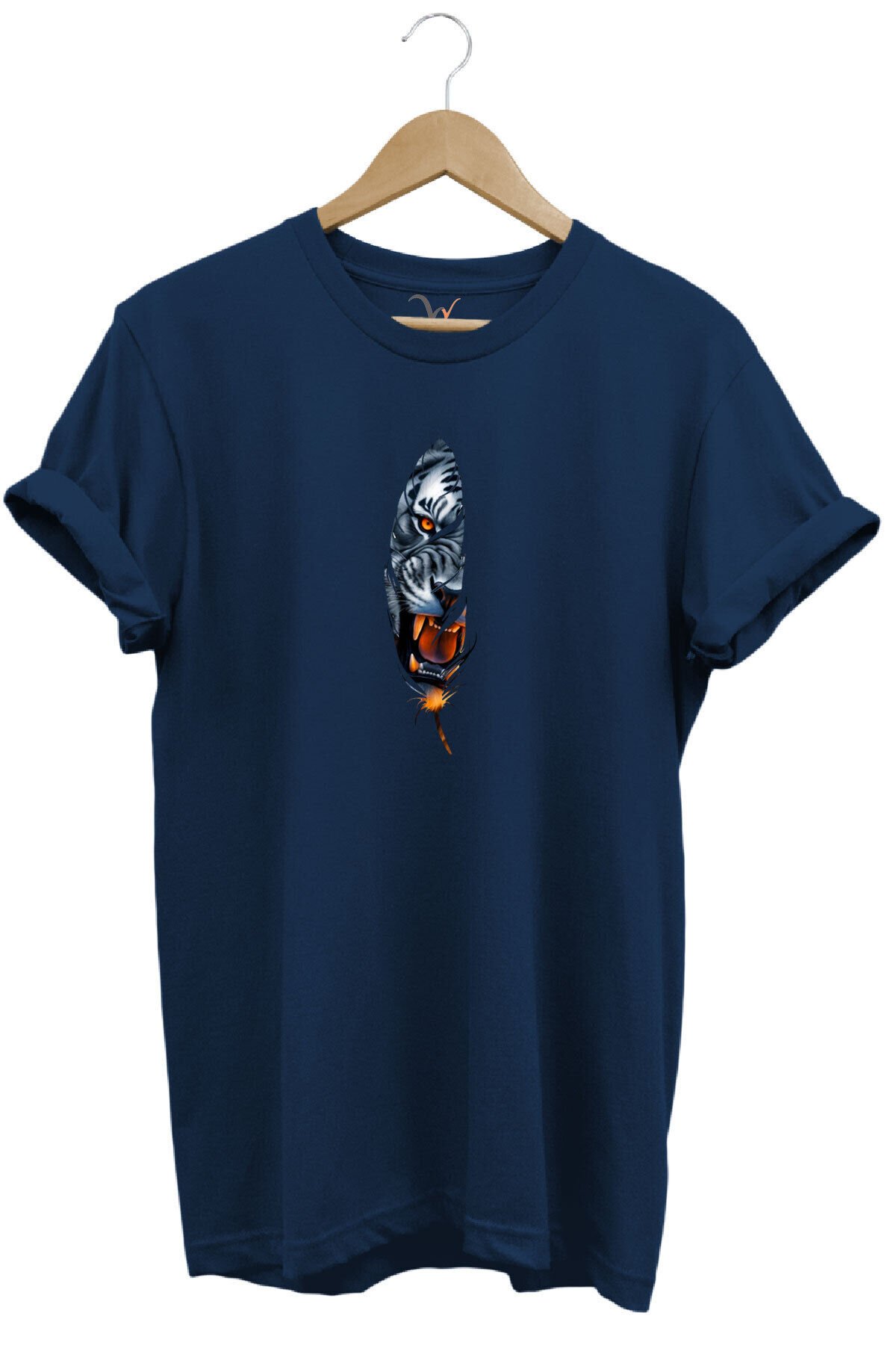 Kaplan Tüy Baskılı Şık Minimal %100 Pamuk Regular Fit Bisiklet Yaka Beyaz T-shirt Lacivert - S