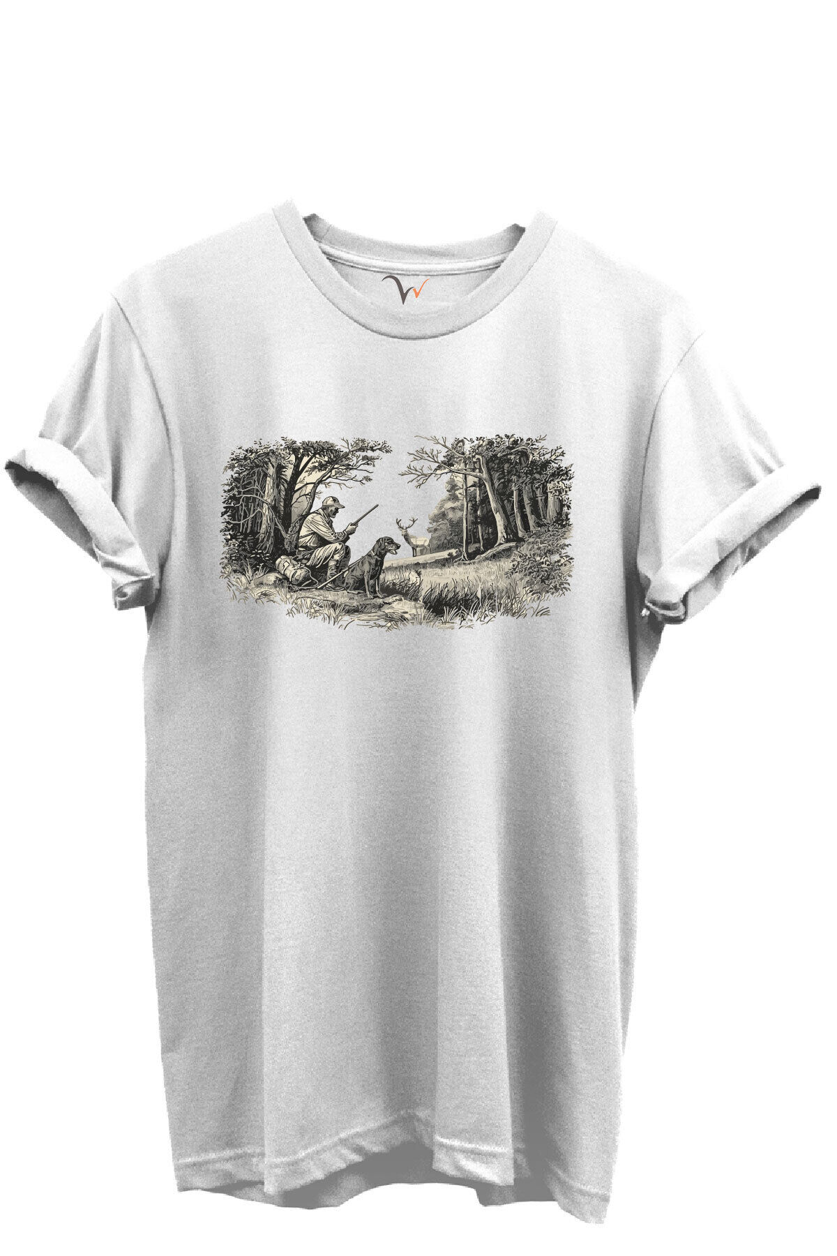 Doğa ve Avcılık Konseptli Orman Sahnesi Baskılı %100 Pamuk Regular Fit Bisiklet Yaka Unisex T-shirt Beyaz - XL