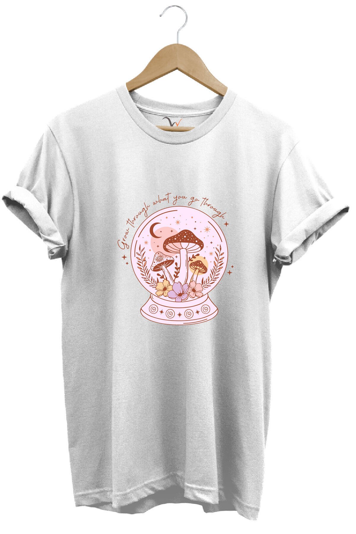 Vintage Retro StreetWear Poster Mantar Küresi Baskılı %100 Pamuk Regular Fit Bisiklet Yaka T-Shirt Beyaz - XL