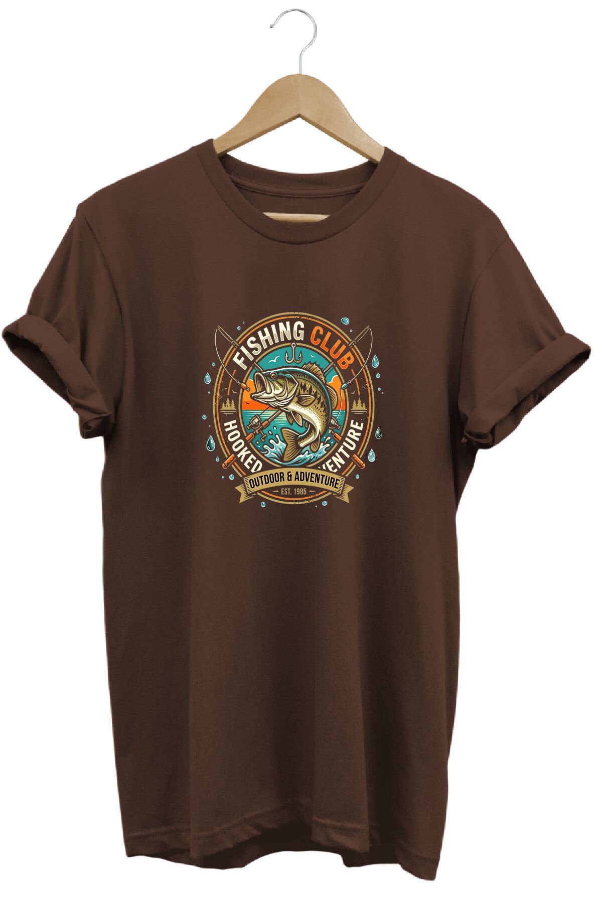 Vintage Balıkçı Kulübü Baskılı Olta ve Doğa Tişörtü Outdoor Giyim Koyu Kahverengi - 2XL
