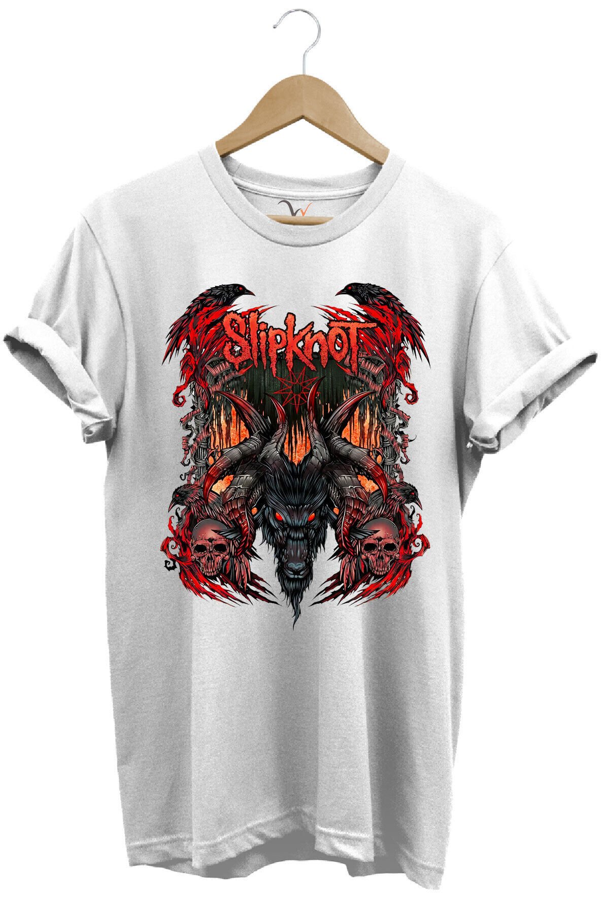 Slipknot Müzik Grubu Rock Metal Baskılı Punk Keçi ve Kafatası Tasarımlı Basic Regular Fit T-shirt Beyaz - 2XL