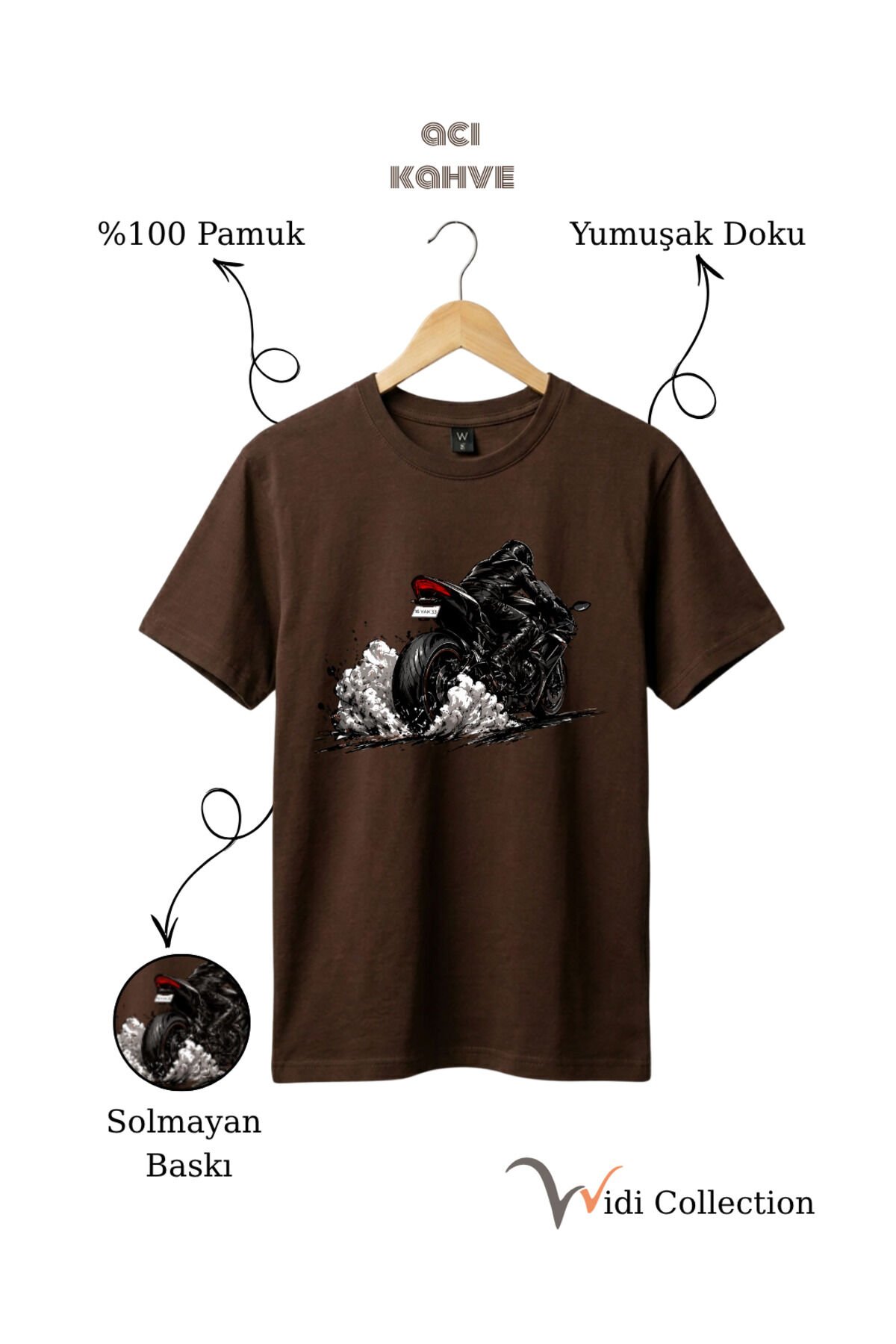 Motor Lastik Duman Efektli %100 Pamuk Regular Fit Unisex T-Shirt Koyu Kahverengi - M