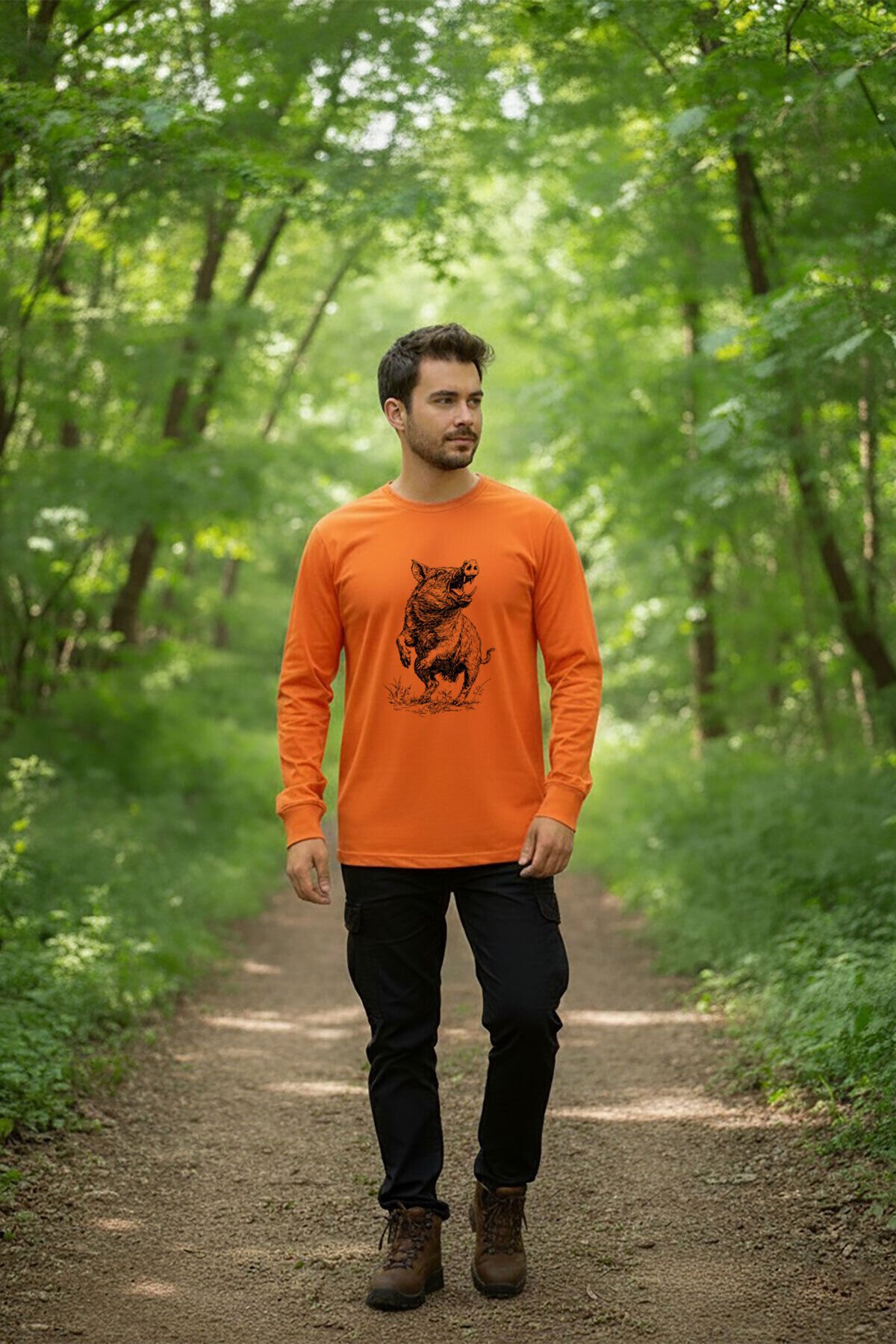 Avcılık Hunter Domuz Avcılığı Baskılı Regular Fit Turuncu Bisiklet Yaka Uzun Kollu T-Shirt Turuncu - S