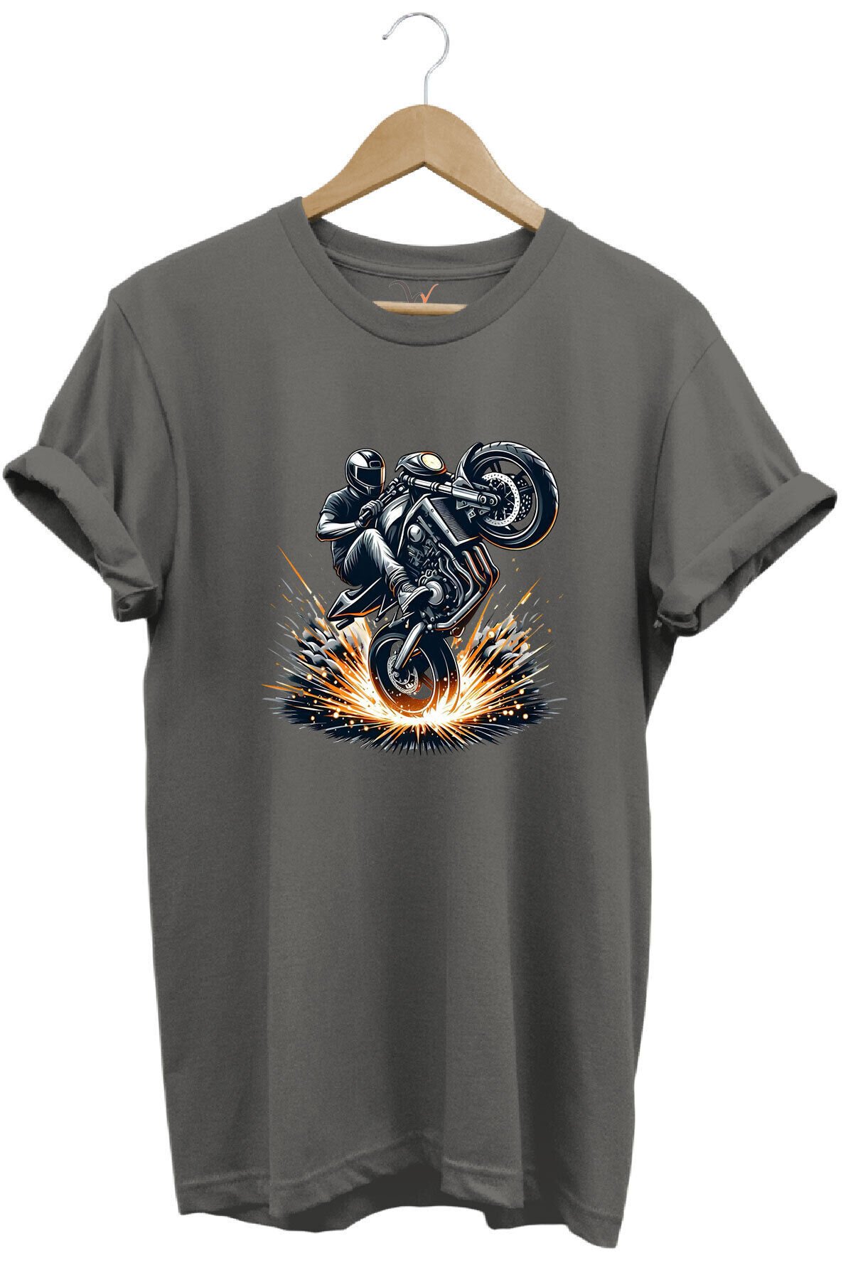 Racing Motosiklet Baskılı Ön Kaldıran Motorcu %100 Pamuk Regular Fit Unisex T-Shirt Gri - M
