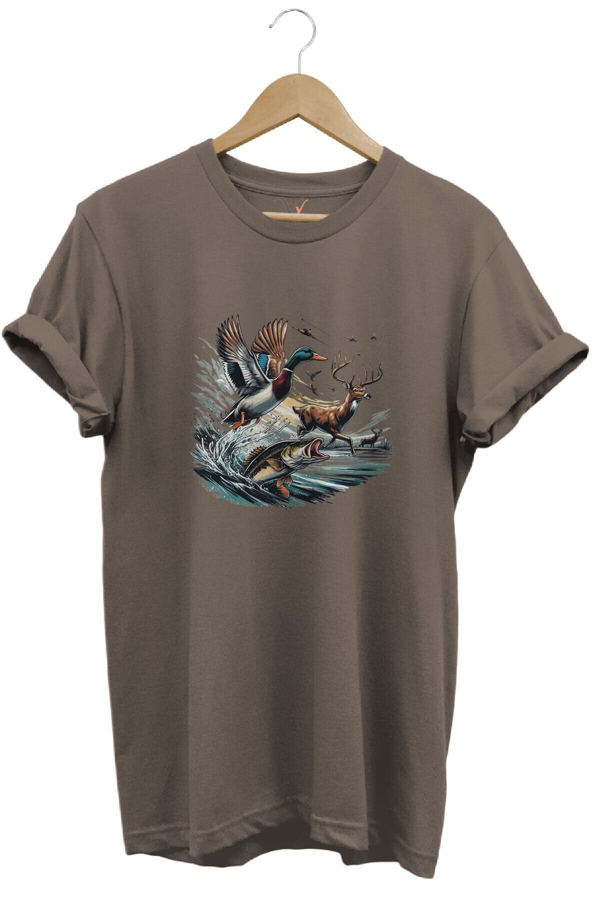 Avcılık Temalı Geyik, Ördek ve Balık Tasarımlı %100 Pamuk Unisex Regular Fit T-Shirt Kahverengi - XL