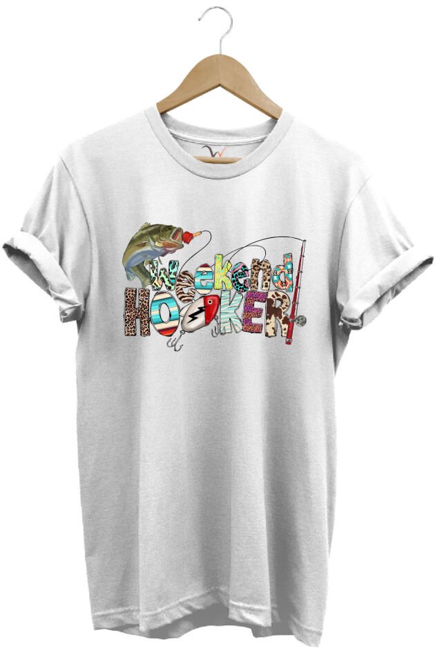Balıkçılık Wekeend Hooker Yazı Baskılı Balık ve Olta Takımı Desenli %100 Pamuk Regular Fit T-Shirt Beyaz - 3XL