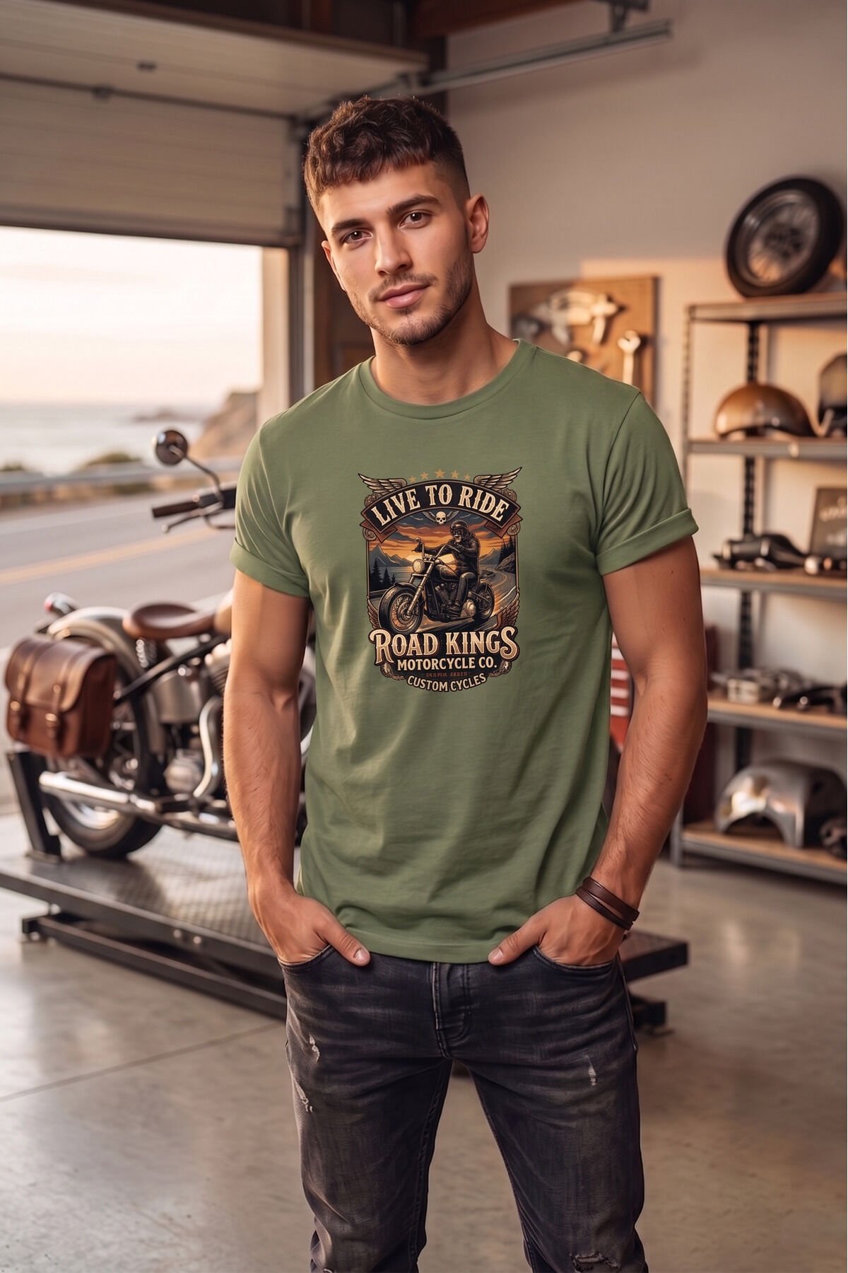 Unisex Vintage Road Kings Motosiklet Baskılı Özel Tasarım %100 Pamuklu Bisiklet Yaka Tişört T-shirt Haki - 3XL