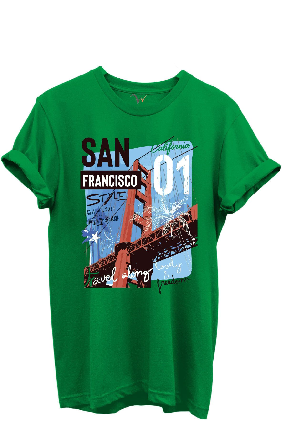 San Francisco California Yazılı Golden Gate Köprüsü Baskılı %100 Pamuk Regular Fit Unisex T-Shirt Yeşil - S