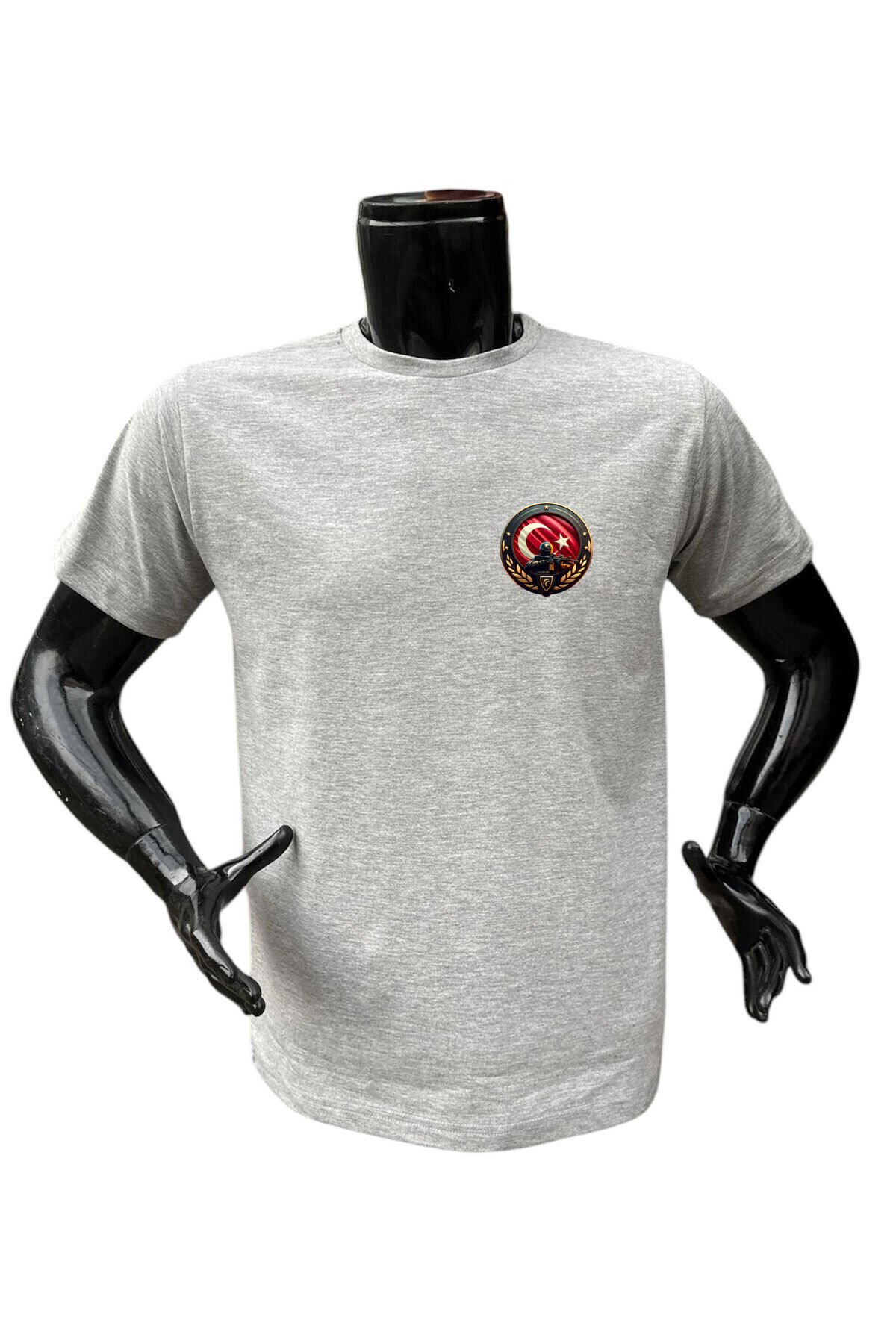 TÜRK Asker Bordo Bereli ve TÜRK Bayrağı Savaşçı Baskılı %100 Pamuk Regular Fit Bisiklet Yaka T-Shirt Gri - 3XL