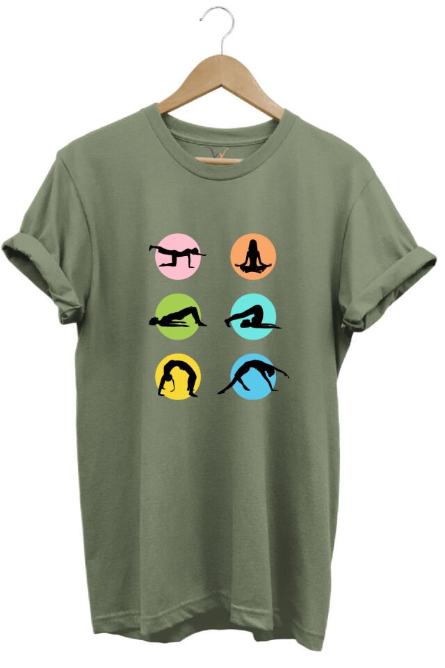 Yoga Meditasyon Hareketleri Baskılı %100 Pamuk Regular Fit Bisiklet Yaka Mavi T-shirt Haki - L