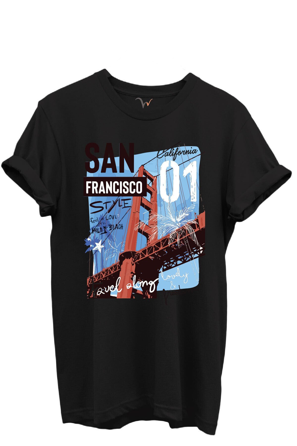 San Francisco California Yazılı Golden Gate Köprüsü Baskılı %100 Pamuk Regular Fit Unisex T-Shirt Siyah - 4XL