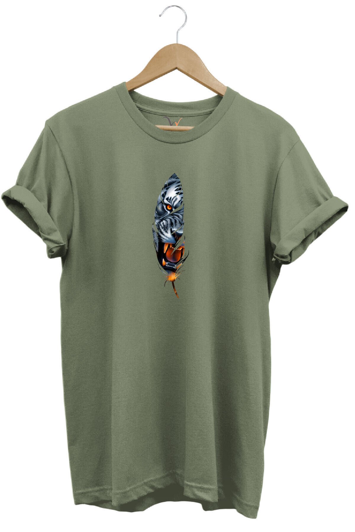 Kaplan Tüy Baskılı Şık Minimal %100 Pamuk Regular Fit Bisiklet Yaka Beyaz T-shirt Haki - 2XL