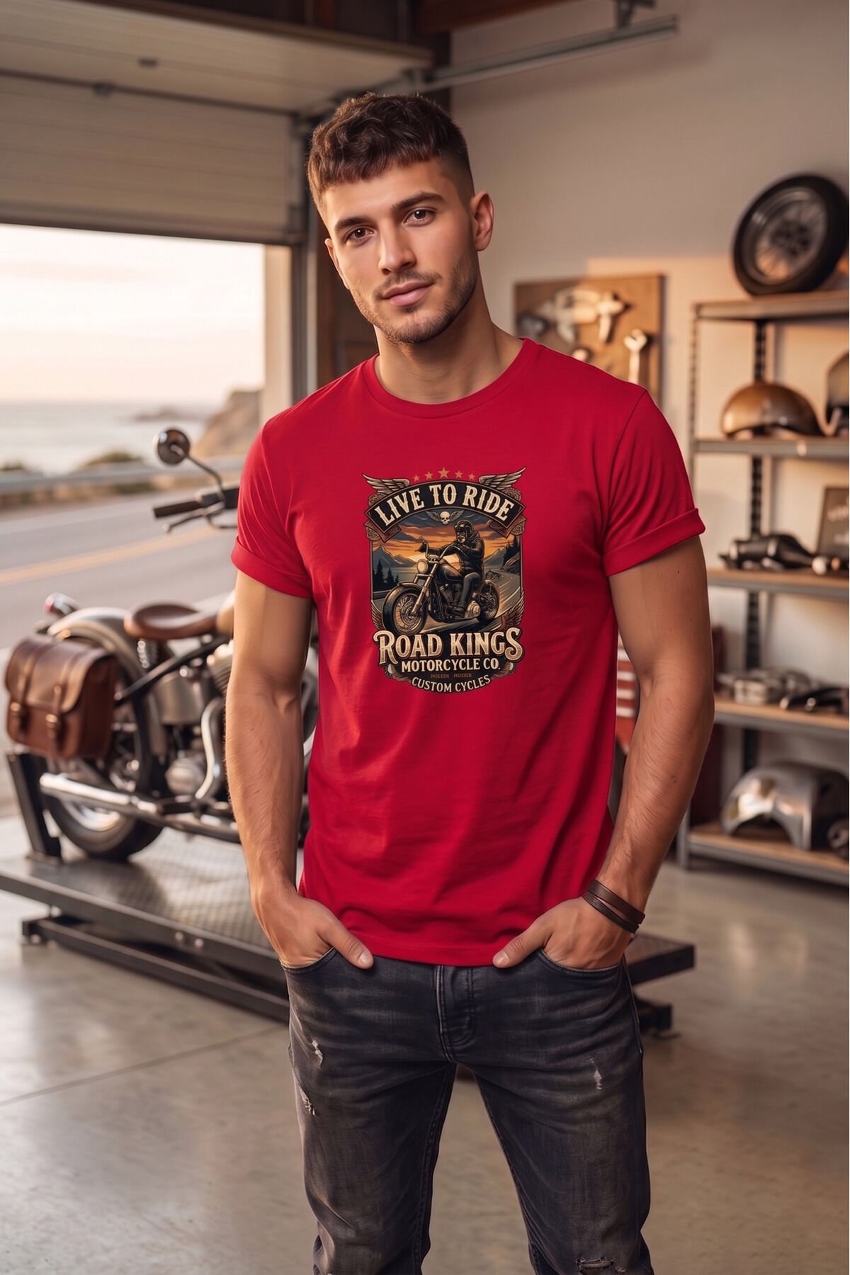 Unisex Vintage Road Kings Motosiklet Baskılı Özel Tasarım %100 Pamuklu Bisiklet Yaka Tişört T-shirt Kırmızı - 3XL