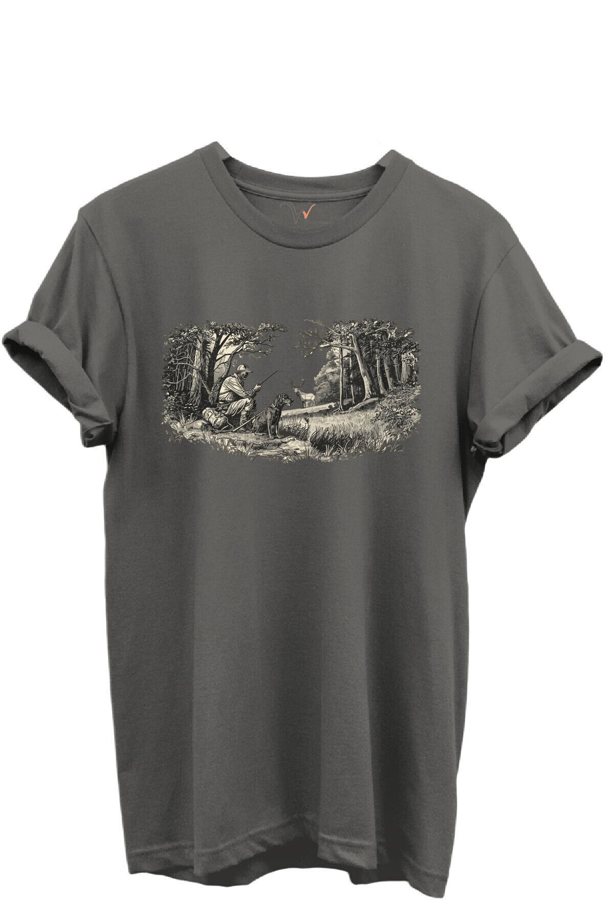 Doğa ve Avcılık Konseptli Orman Sahnesi Baskılı %100 Pamuk Regular Fit Bisiklet Yaka Unisex T-shirt Antrasit Gri - XL