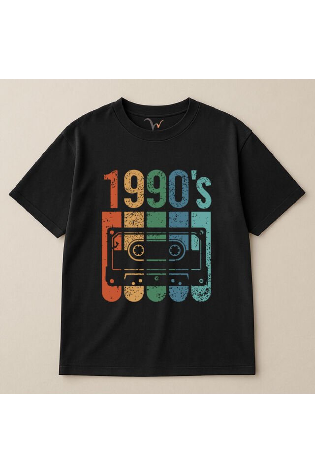 Vintage Retro 1990's Baskılı Kaset %100 Pamuk Oversize Bisiklet Yaka Unisex T-Shirt Siyah - M