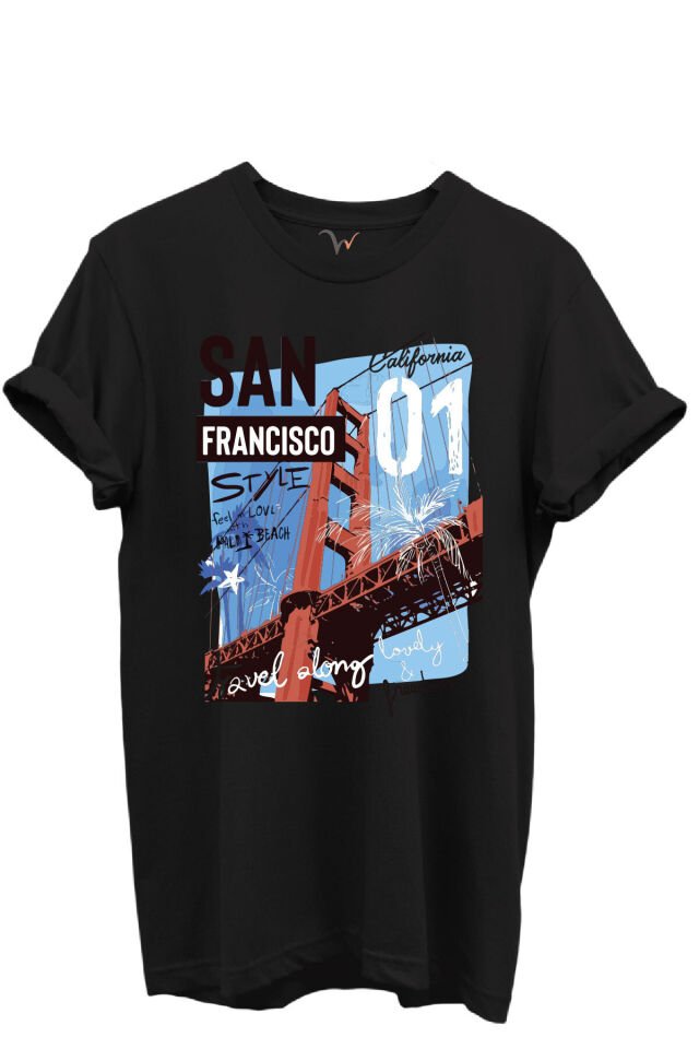 San Francisco California Yazılı Golden Gate Köprüsü Baskılı %100 Pamuk Regular Fit Unisex T-Shirt Siyah - 3XL