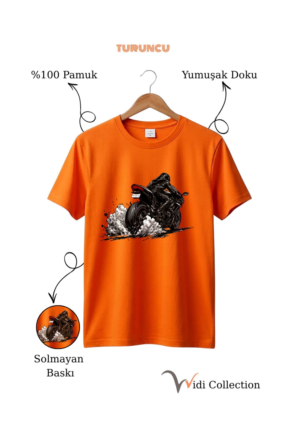Motor Lastik Duman Efektli %100 Pamuk Regular Fit Unisex T-Shirt Turuncu - M