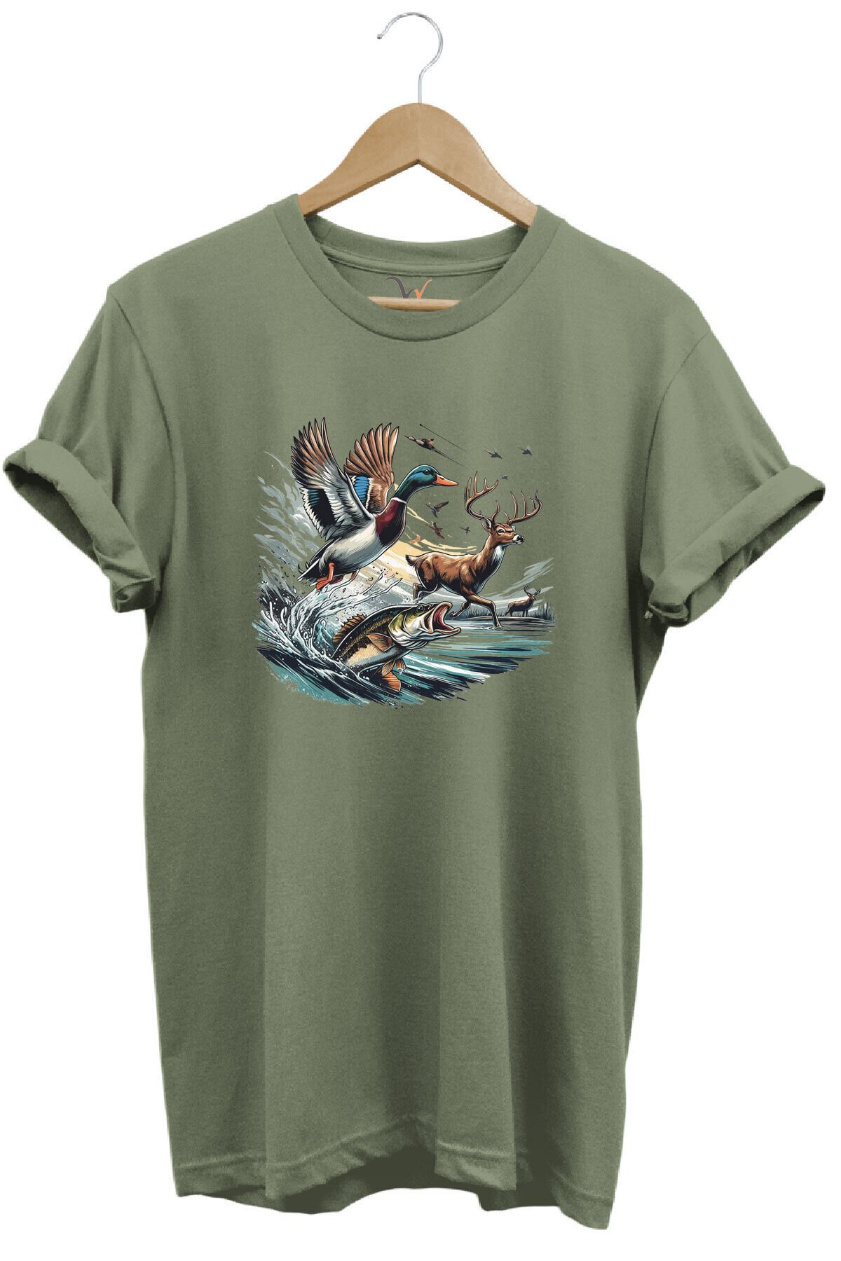 Avcılık Temalı Geyik, Ördek ve Balık Tasarımlı %100 Pamuk Unisex Regular Fit T-Shirt Haki - 2XL