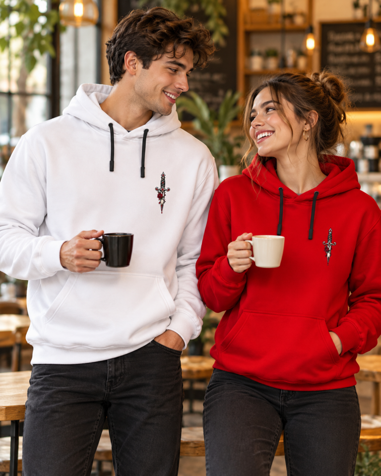 Unisex Minimal Hançer Baskılı Kapüşonlu Sweatshirt Dagger Gül Desenli Hoodie
