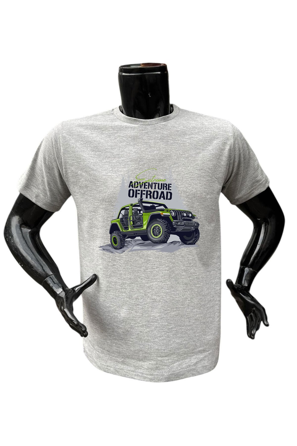 Outdoor Adventure Offroad 4x4 Araba Baskılı %100 Pamuk Regular Fit Bisiklet Yaka Gri T-shirt Gri - S