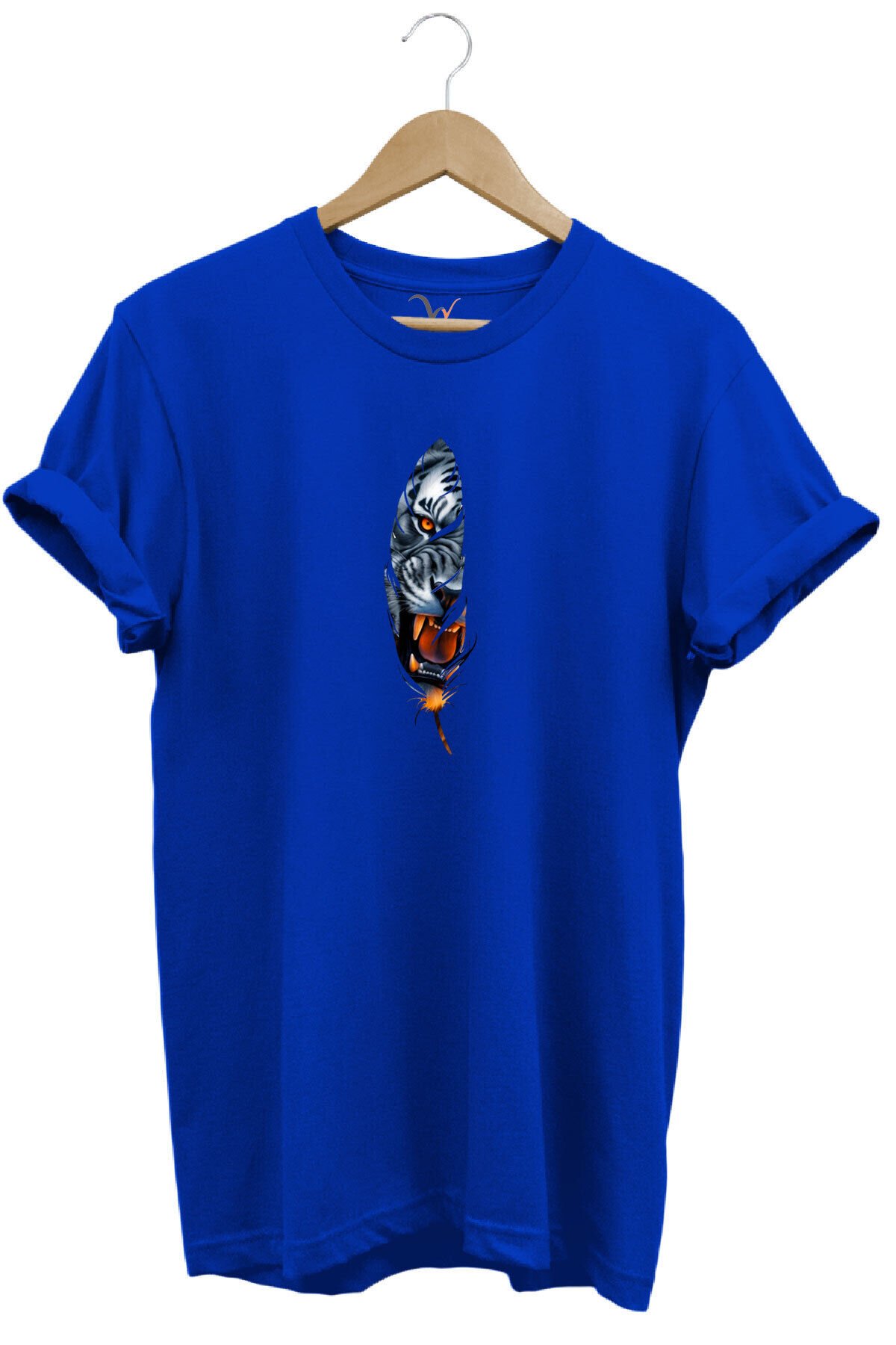 Kaplan Tüy Baskılı Şık Minimal %100 Pamuk Regular Fit Bisiklet Yaka Beyaz T-shirt Mavi - XL