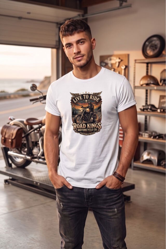 Unisex Vintage Road Kings Motosiklet Baskılı Özel Tasarım %100 Pamuklu Bisiklet Yaka Tişört T-shirt Beyaz - M