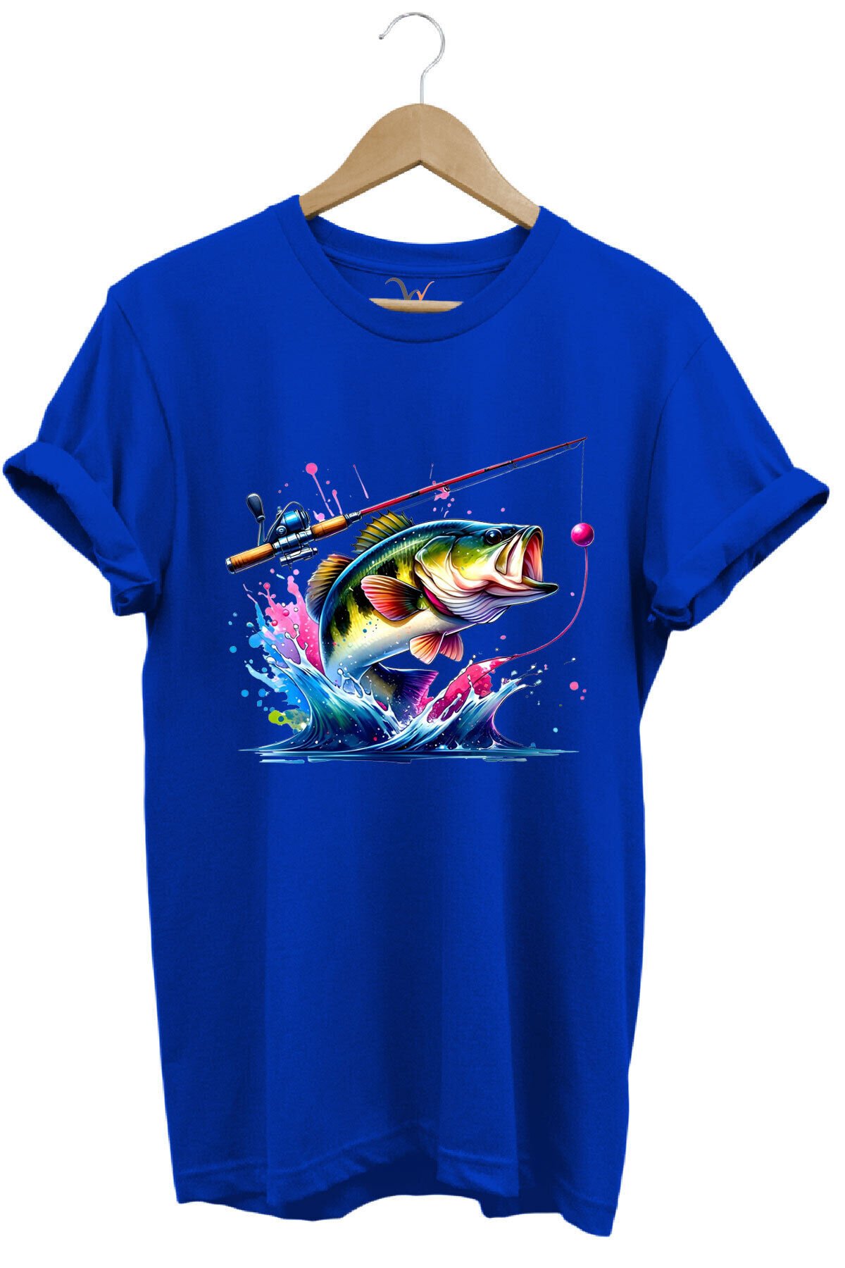 Fishing Balıkçılık Renkli Levrek Balığı Baskılı Avcılık %100 Pamuk Regular Fit Unisex T-Shirt Mavi - S