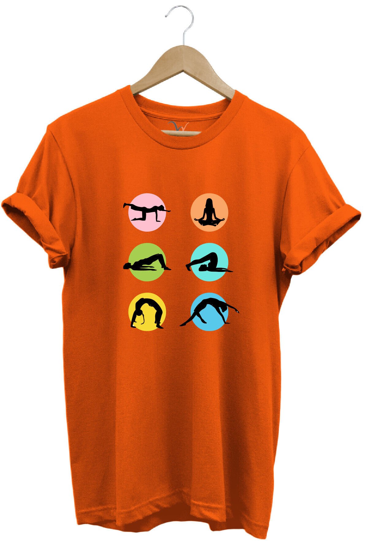 Yoga Meditasyon Hareketleri Baskılı %100 Pamuk Regular Fit Bisiklet Yaka Mavi T-shirt Turuncu - S