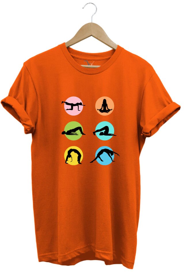 Yoga Meditasyon Hareketleri Baskılı %100 Pamuk Regular Fit Bisiklet Yaka Mavi T-shirt Turuncu - S