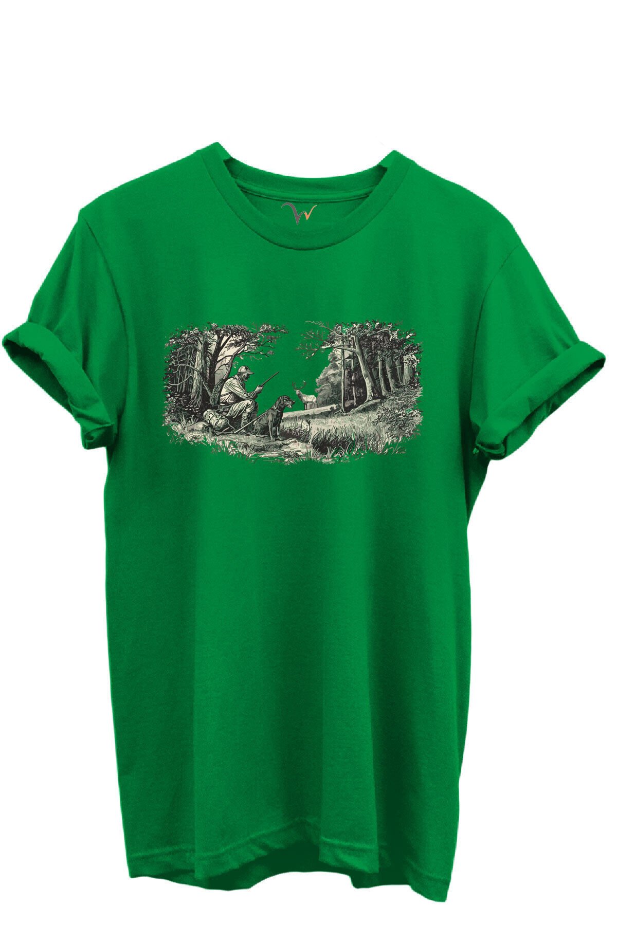 Doğa ve Avcılık Konseptli Orman Sahnesi Baskılı %100 Pamuk Regular Fit Bisiklet Yaka Unisex T-shirt Yeşil - 2XL