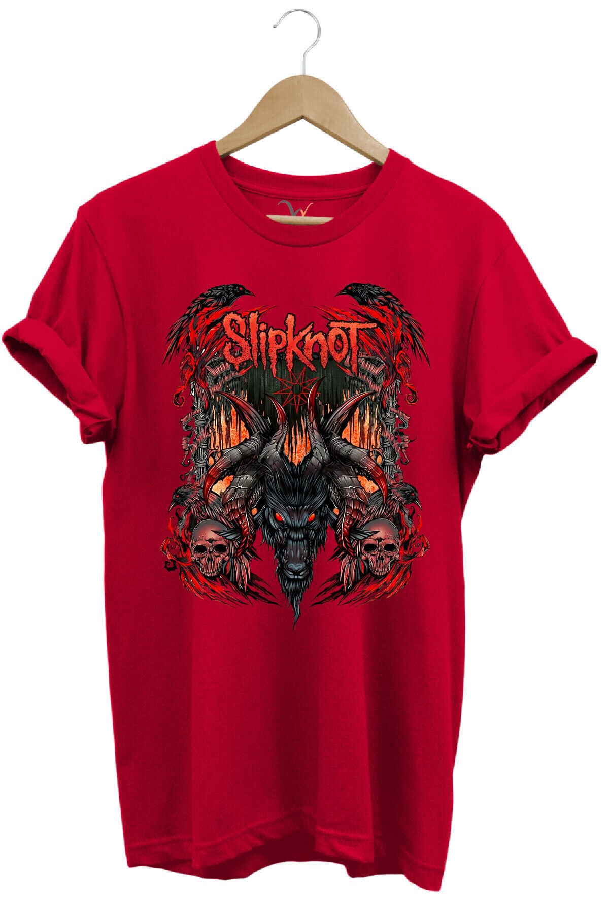 Slipknot Müzik Grubu Rock Metal Baskılı Punk Keçi ve Kafatası Tasarımlı Basic Regular Fit T-shirt Kırmızı - M
