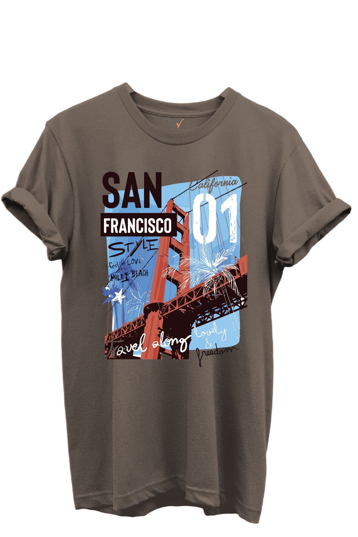 San Francisco California Yazılı Golden Gate Köprüsü Baskılı %100 Pamuk Regular Fit Unisex T-Shirt Kahverengi - M