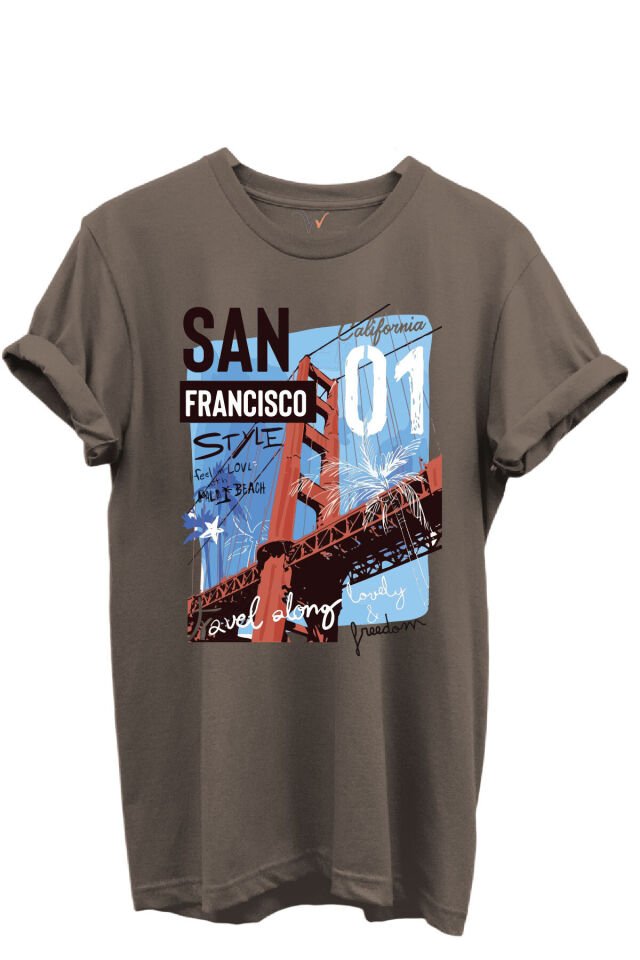 San Francisco California Yazılı Golden Gate Köprüsü Baskılı %100 Pamuk Regular Fit Unisex T-Shirt Kahverengi - M