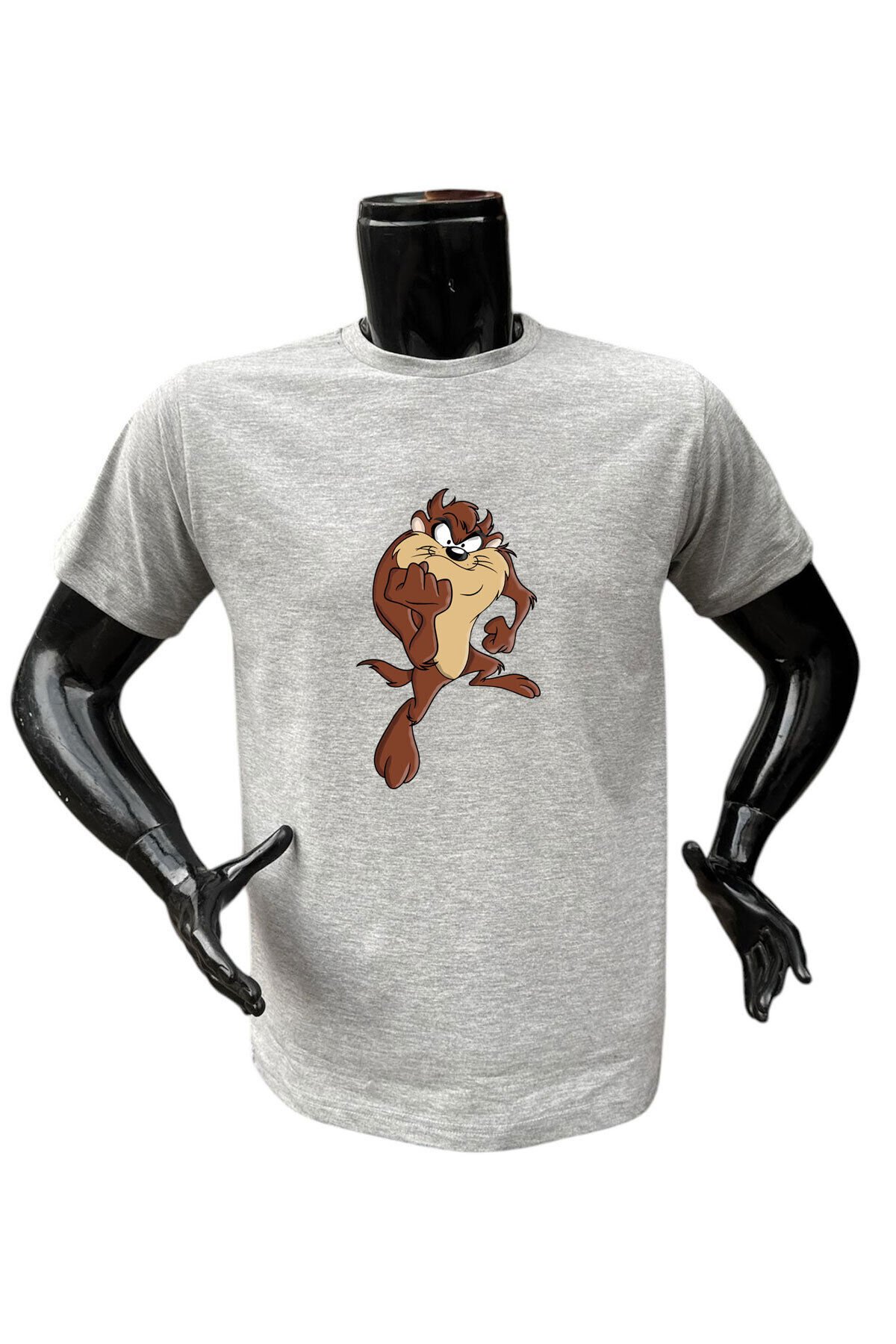Tazmanya Baskılı Şık Minimal %100 Pamuk Regular Fit Bisiklet Yaka Gri Gri T-shirt Gri - M