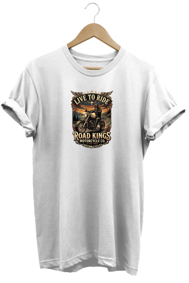 Unisex Vintage Road Kings Motosiklet Baskılı Özel Tasarım %100 Pamuklu Bisiklet Yaka Tişört T-shirt Beyaz - XL