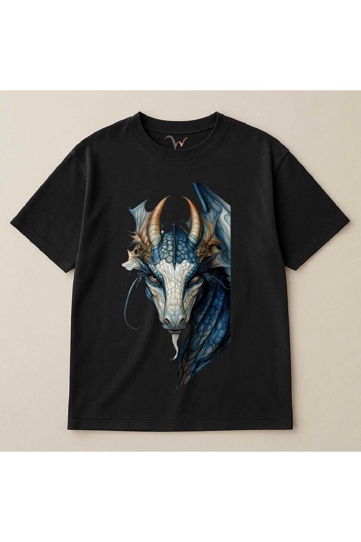 Mitolojik Mavi Ejderha Grafik Baskılı %100 Pamuk Oversize Bisiklet Yaka Unisex T-Shirt Siyah - XS